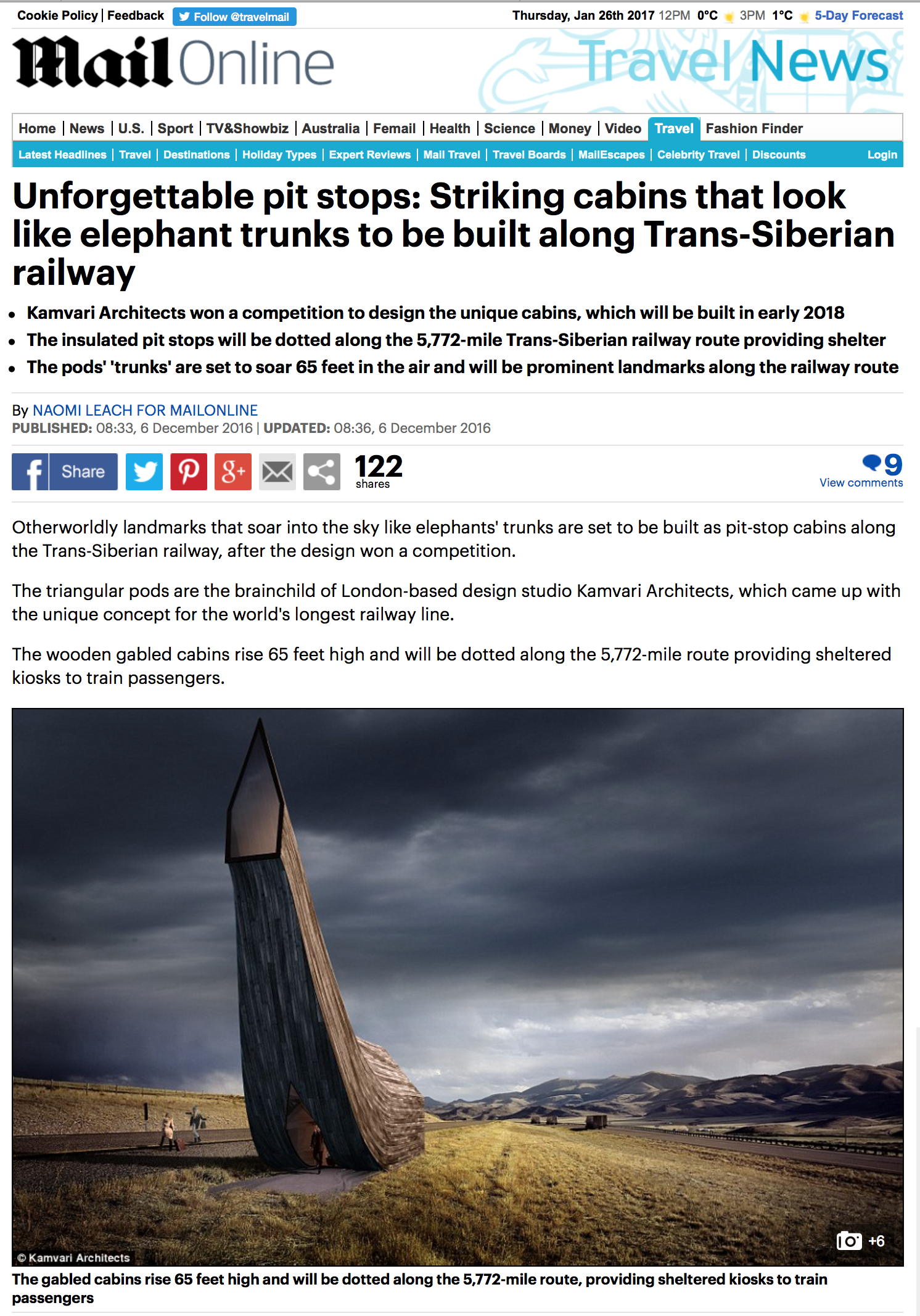 The Daily Mail, Unforgettable pit stops: Striking cabins that look like elephant trunks to be built along Trans-Siberian railway